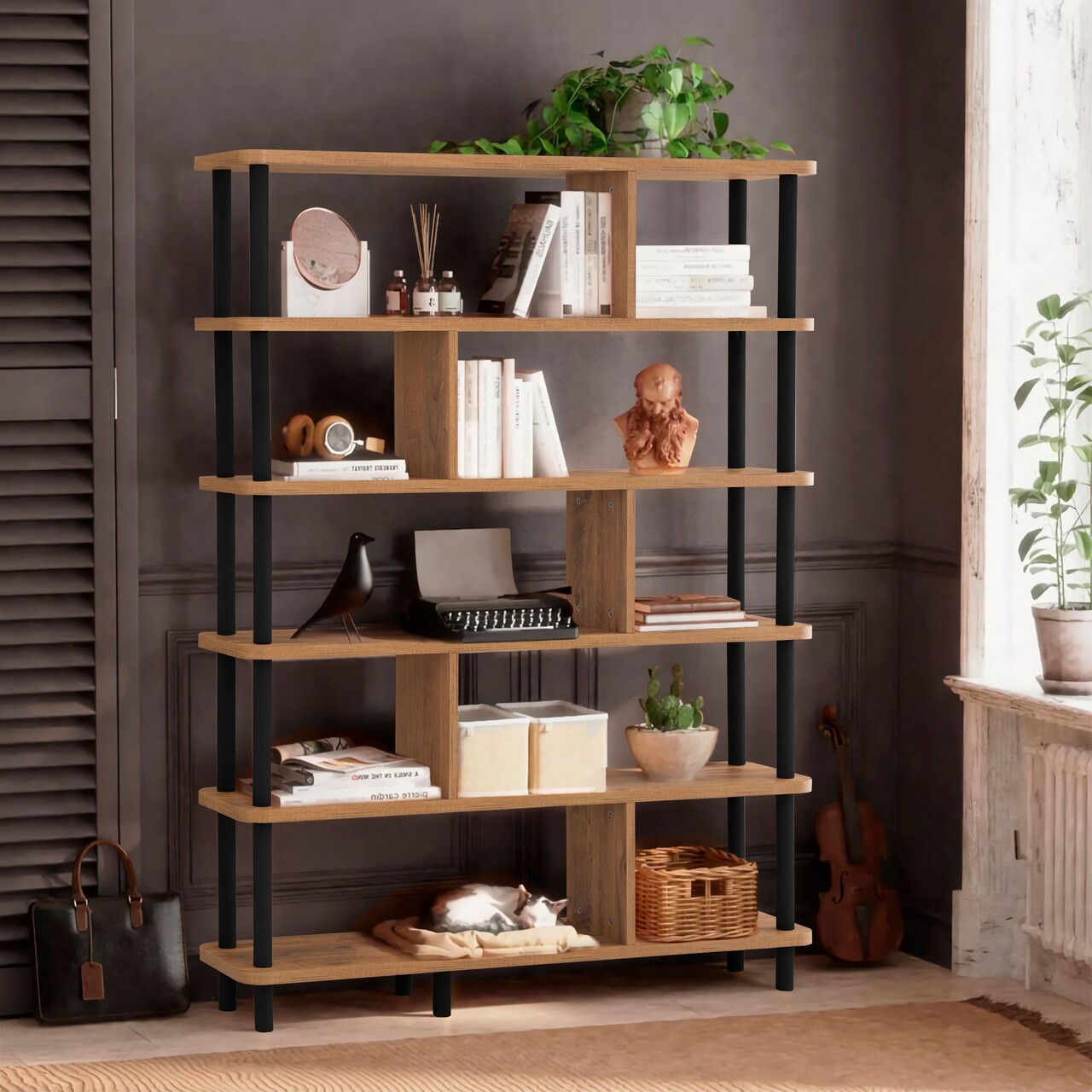 Biblioteca, Dora, Meta 688DRA1208, 120 x 168.5 x 28 cm, pal melaminat, negru/pin - imagine 6